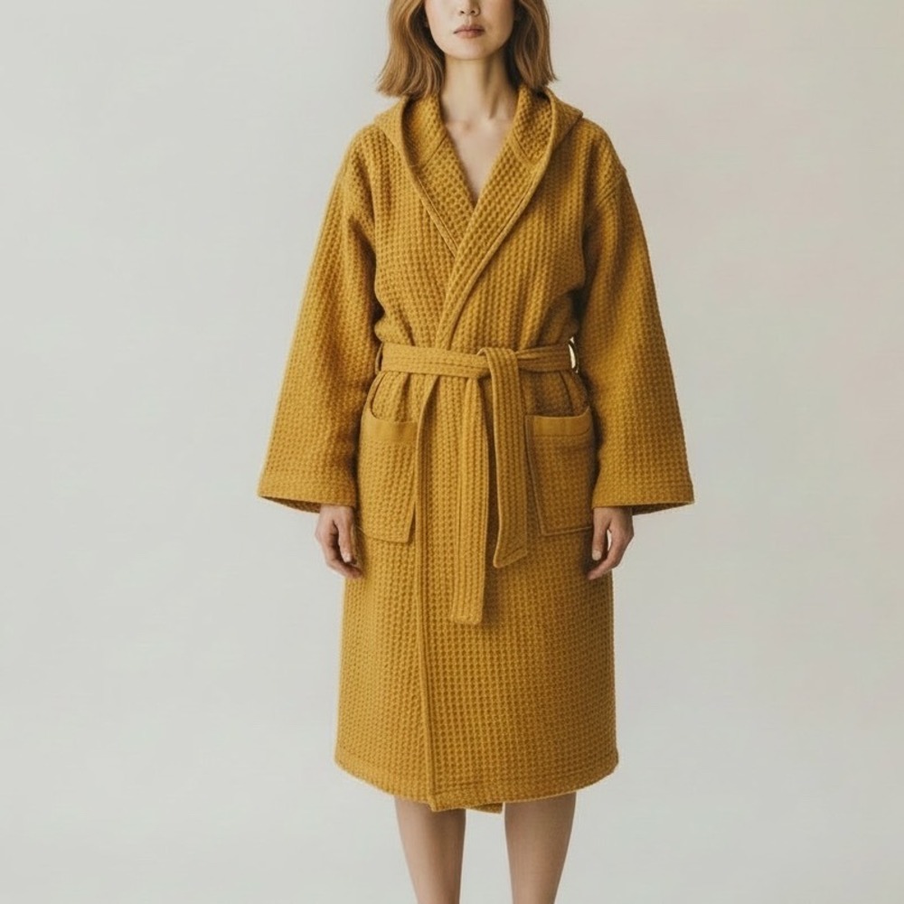 Onsen | Waffle Bath Robe Ochre Golden Yellow‎ Small Supima Cotton Luxury Unisex